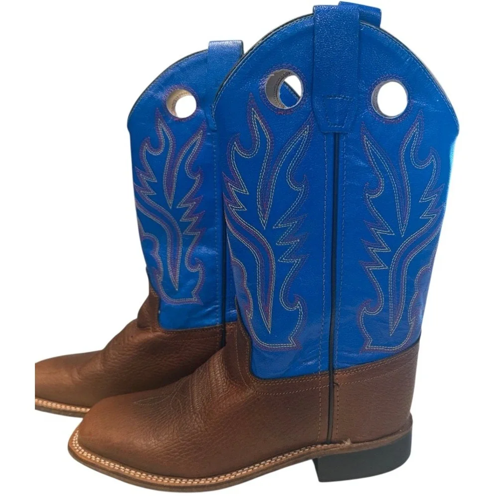 Old West Kids Leather Western Cowboy Boots Brown Blue Square Toe Size 4 USA Rode
